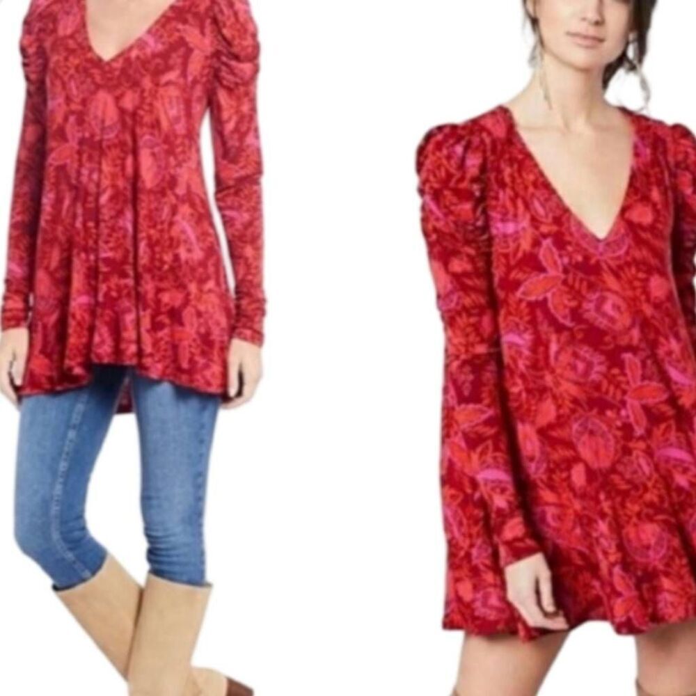 Free People Hello Lover Floral Mini Dress XS Red Puff Sleeve Keyhole Back - Picture 4 of 11